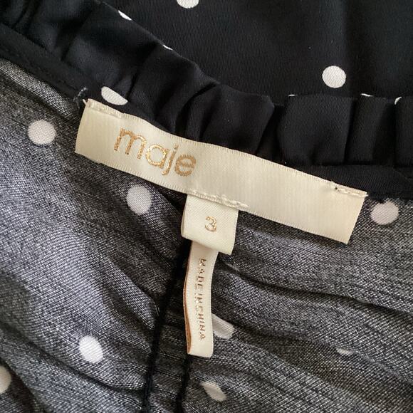 Maje Renota Black White Polka Dot Ruched Bodice Mini Dress 3 L - Picture 8 of 12